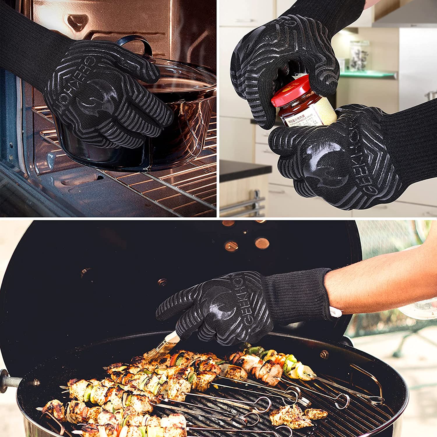 GEEKHOM Grilling Gloves,1472℉ Heat Resistant BBQ Grill Gloves Black